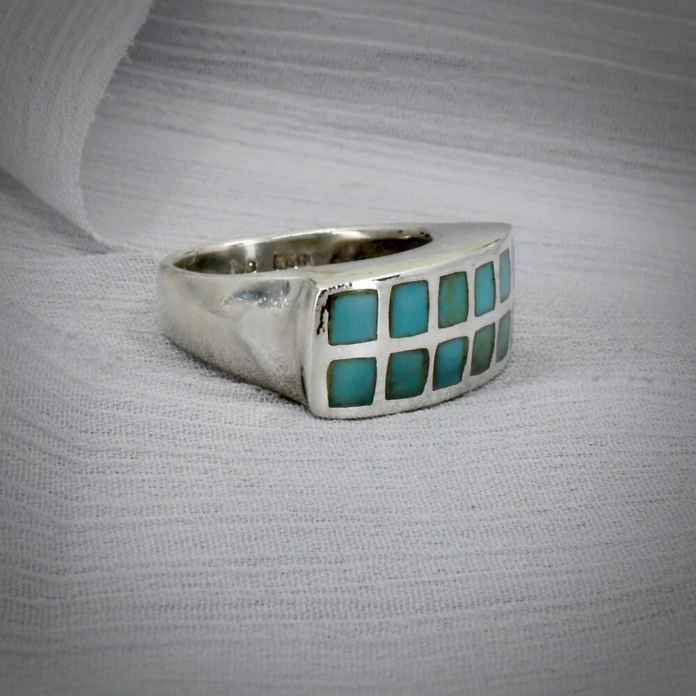 Vintage CFJ Collins Signed 925 Sterling Silver Turquoise Inlay Ring Size 7 7.6g